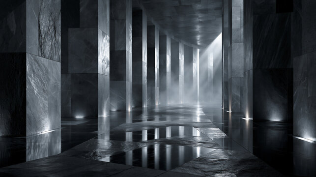Dark Monumental Stone Corridor With Marble Columns Mist and Dramatic Uplight Reflections on Polished Floor