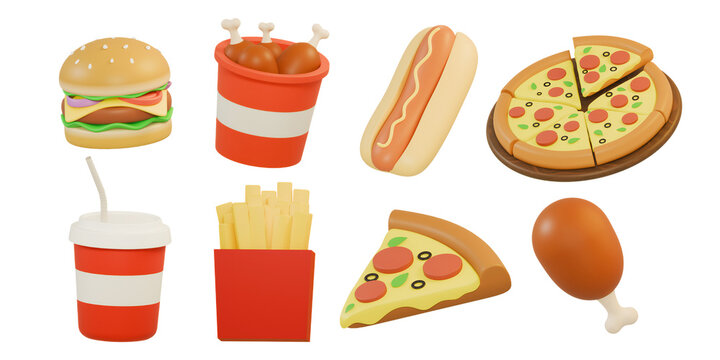A mouthwatering 3D illustration of classic fast food favorites arranged across a dramatic black background.