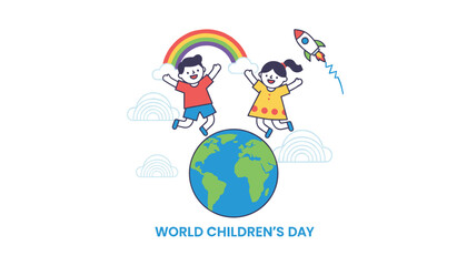 Fototapeta premium World Childrens Day global celebration card featuring happy young boy and girl jumping high on top of planet Earth under rainbow.
