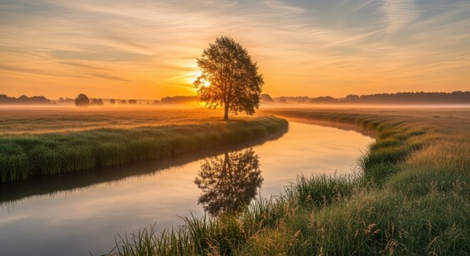Lone tree by a winding river at sunset with golden light illustration