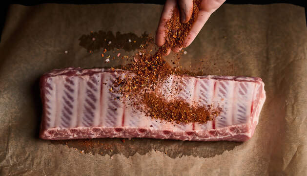 Hand Sprinkling Red Spice Rub onto Raw Pork Ribs on Parchment Paper in Dramatic Dark Kitchen