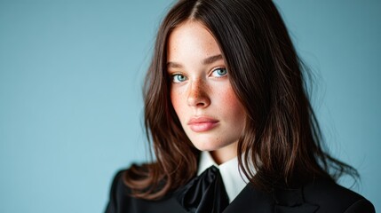 Fototapeta premium A striking portrait of a young woman dressed in stylish fashion attire against a subtle blue backdrop, radiating confidence and modern elegance with a fresh look.