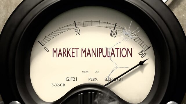 Market manipulation meter showing big levels of market manipulation. Dangerously increasing high values of market manipulation, critical overload. Too much, off the charts. Max market manipulation