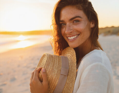 Young woman with freckles smiling at beach sunset holding straw hat in white linen top golden hour