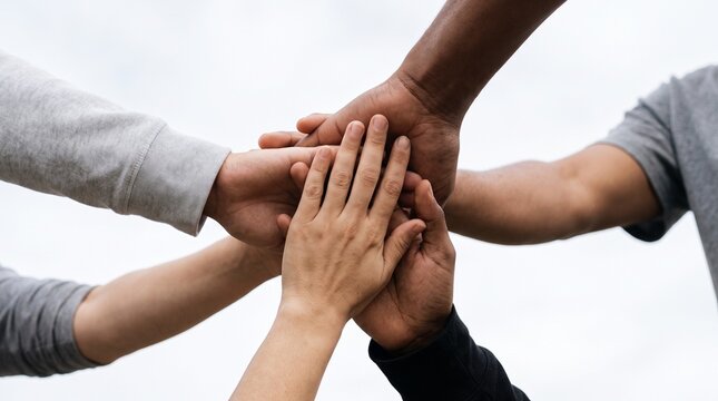 Diverse hands stacked together in unity with together against bright close four diverse bright white sky close up cooperation solidarity with friendship