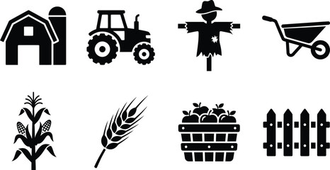 autumn farm harvest agriculture icon set. barn house with silo, farm tractor, garden scarecrow, wheelbarrow cart, corn stalk plant, ear of wheat grain, apple bushel basket, wooden fence © MDRAJU