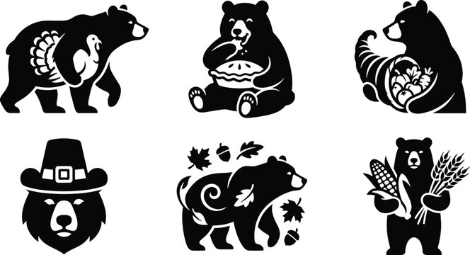 Thanksgiving autumn bear wildlife harvest icon set. grizzly bear with turkey bird silhouette, happy bear eating pumpkin pie, bear with horn of plenty cornucopia, bear wearing pilgrim hat, bear surroun