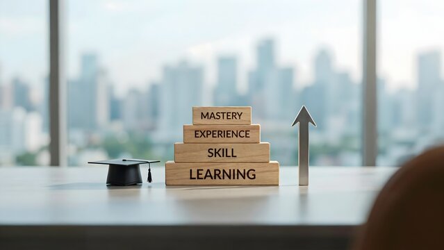 Wooden blocks stacked in a pyramid shape with the words learning, skill, experience, and mastery, with a graduation cap and an upward arrow on a desk