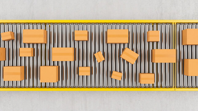 Cardboard boxes scattered across a roller conveyor seen from above