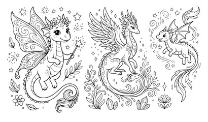 Obraz premium Cute Fairy Magic Dragon Coloring Page Vector Set