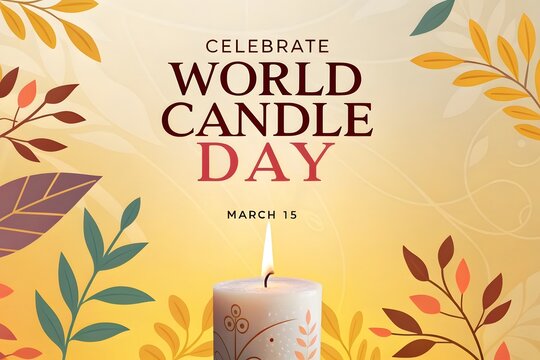 Celebrate world candle day background with burning candle and autumn leaves graphic