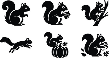 Autumn squirrel wildlife nature icon set. sitting squirrel silhouette, squirrel holding acorn nut, squirrel climbing tree branch, running leaping squirrel, squirrel sitting on pumpkin, squirrel with o © MDRAJU
