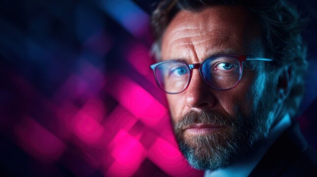 An intense portrait captures a stylish bearded man wearing glasses, exuding an aura of confidence and sophistication against a colorful, urban backdrop.