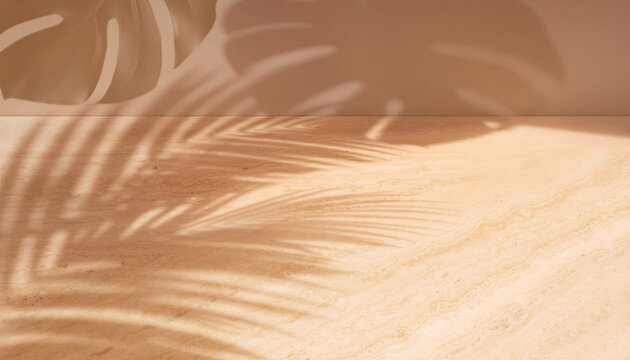 Monstera and palm leaf shadows on warm beige travertine marble surface with soft natural light
