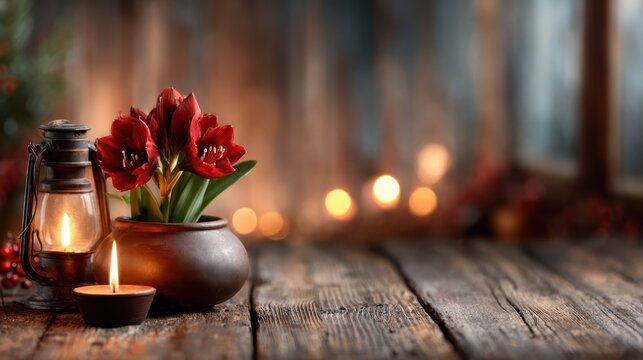 A beautifully arranged amaryllis plant beside a flickering candle, creating a warm and inviting atmosphere perfect for cozy indoor spaces or festive decorations.