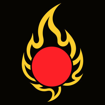 Flame icon with red circle center representing fire, energy and heat, decorative vector illustration on black background