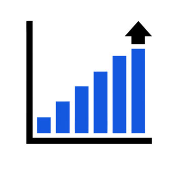 Bar chart icon with ascending bars and upward arrow representing statistics, data growth and business trend, flat vector illustration