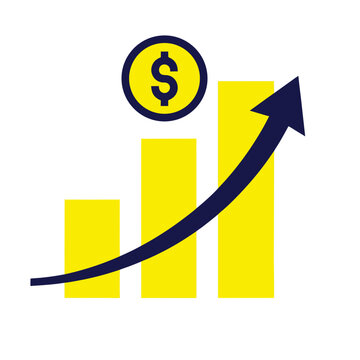 Financial growth icon with rising bar chart, upward arrow and dollar coin representing profit increase and business success, flat vector illustration