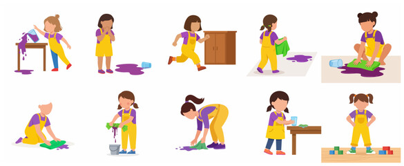 Fototapeta premium Little girl character cleaning spills and learning household chores vector illustration collection