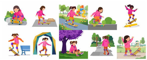 Fototapeta premium Cute little girl character skateboarding set, child learning to skate in the park illustrations.