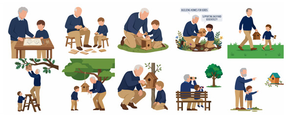Fototapeta premium Grandfather and grandson building and hanging a birdhouse together, multi-generational family DIY project for backyard biodiversity conservation, vector illustration set