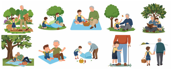 Naklejka premium Set of vector illustrations depicting a grandfather and his young grandson bonding through various outdoor activities like picnicking, walking, and reading in the park.