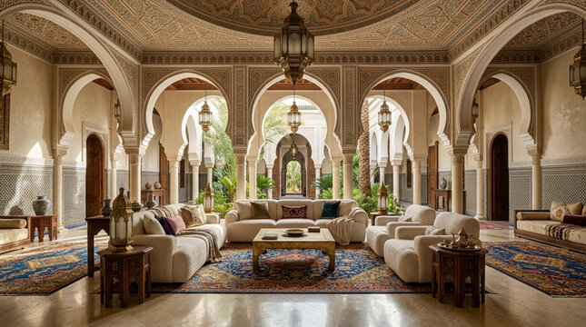 Luxurious Moroccan living room with intricate tilework and arches