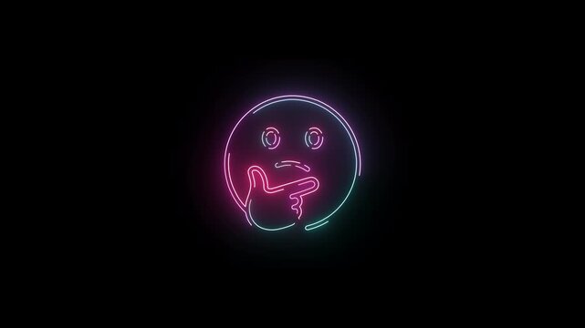 Glowing neon thinking face icon with hand on chin in pink and cyan on transparent background