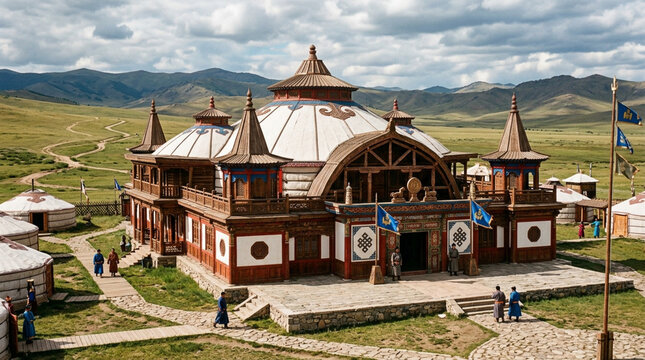 Traditional Mongolian Ger Palace and Yurts on Grassy Steppe with Mountains