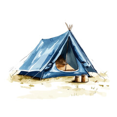 Tent, watercolor clipart showing delicate textures and whimsical forms, isolated on a white background. © velora