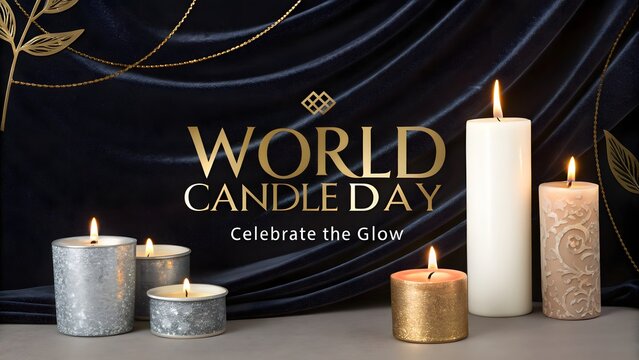 World candle day celebration concept with various burning decorative wax candles