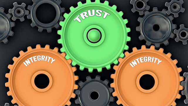 Integrity powers trust. It's the driving force that turn Trust into reality. Integrity sets trust in motion. Engine gears metaphor. Made for humans by humans, no AI