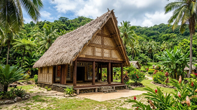 Traditional Polynesian Hut in Lush Tropical Paradise
