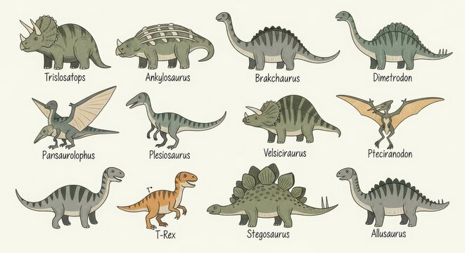 Vintage Style Hand-Drawn Dinosaur Collection with Labels for Educational and Creative Projects