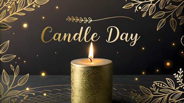 Single golden decorative candle burning on black background for candle day celebration