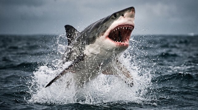 Great White Shark Breaching Ocean Water with Open Jaws and Water Splash