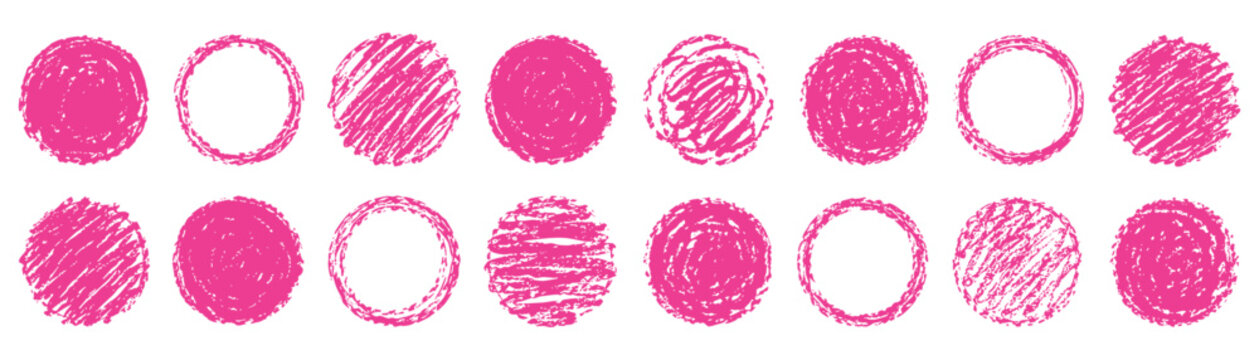Collection of hand-drawn pink circles, scribble round frames and filled circular shapes isolated on white background, vector illustration set.