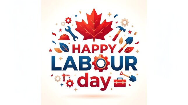 Happy Labour Day greeting with maple leaf. Canadian holiday design with construction tools.