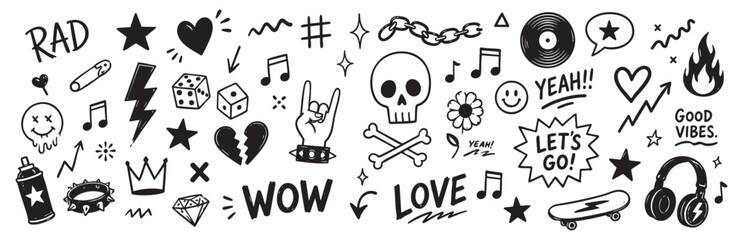 Collection of hand-drawn doodle elements, rock and roll style icons, music symbols, skulls, hearts, and skateboards isolated on white background. © Zbrake Studio