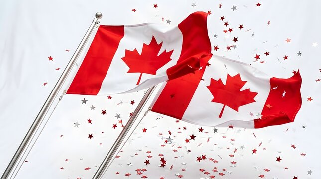 Canadian flags waving with red confetti. National celebration with maple leaf symbols.