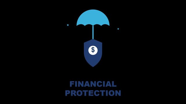 Financial protection animation with umbrella shield and dollar sign on black background.