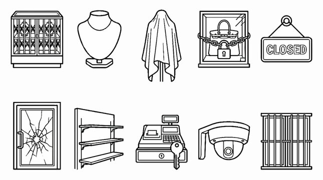 Set of line art icons representing retail security and store closure.