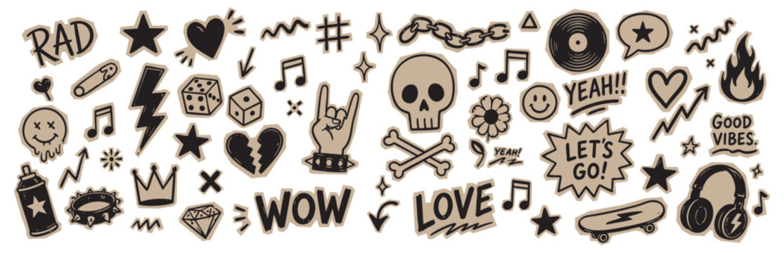 Vintage graffiti scrapbook doodles and street art elements. Hand drawn sketch symbols and lettering vector collection for retro graphic design.