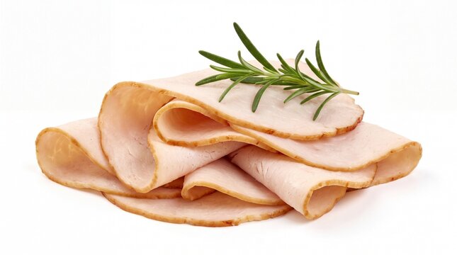 Fresh sliced ham meat with a green rosemary herb sprig