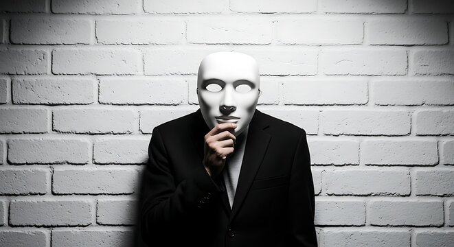 Anonymous Businessman in Black Suit Holding White Mask Concept