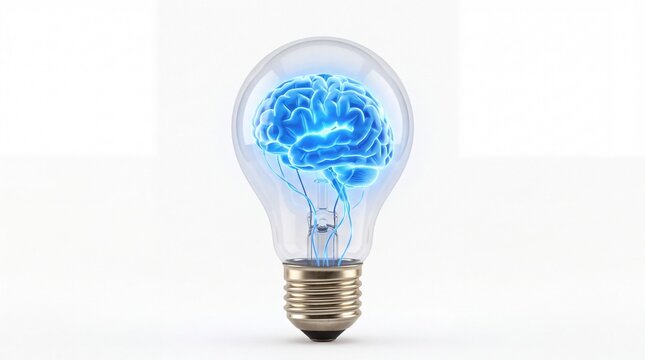 Glowing blue human brain inside a clear glass light bulb