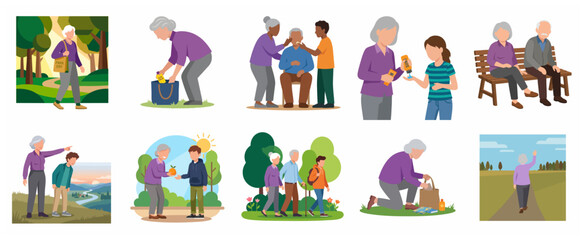 Fototapeta premium Set of flat vector illustrations depicting elderly people active in nature, receiving care, and spending time with grandchildren.