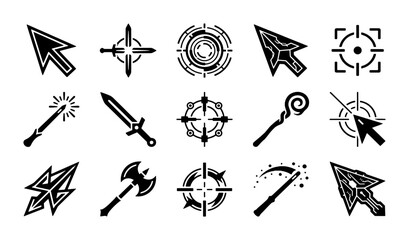 Fantasy game cursor icons set, black medieval weapon and magic wand pointers, 15 RPG gaming UI elements, target crosshair and sword vector symbols © MdMahmudulHasan