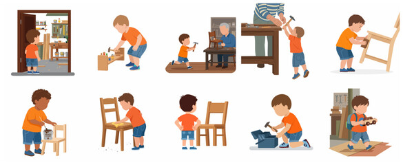 Set of illustrations of a little boy learning woodworking and carpentry skills, hammering, sanding, and painting furniture in a workshop