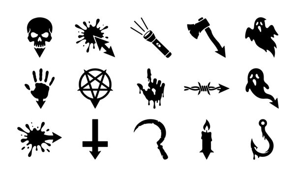 Horror movie map pins and cursor icons, 15 black silhouette spooky navigation elements, halloween occult symbols and slasher weapon pointers